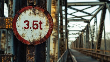 Rusty weight limit sign on a metal bridge overlooking a calm river in late afternoon light
