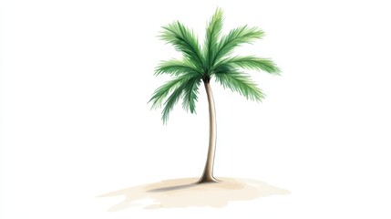 A solitary palm tree rises above a sandy shore, its lush green fronds swaying gently. The bright backdrop creates a peaceful ambiance, enhancing the tropical feel of the setting