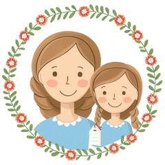 A heartwarming illustration of a mother and daughter smiling together, surrounded by a floral wreath, depicting love and family bonding.