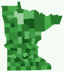 Map of Minnesota with counties. Just a simple state border map with county division. Green color palette. Flat State of Minnesota shape with administrative division. Vector illustration.