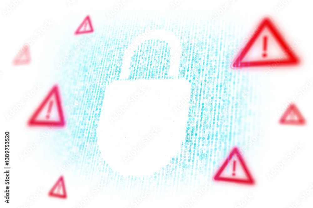 Aufkleber White padlock icon with red warning signs over binary code, light digital style on clean white background, concept of online data protection. 3D Rendering