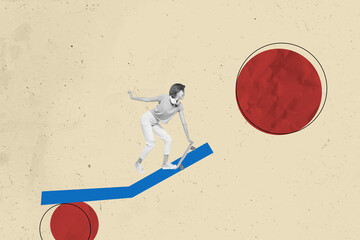 Sketch design artwork poster 3D collage of young lady hand hold skateboard hobby sportive ride outdoors teenager headphones listen music