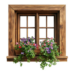 Wooden window box overflowing with colorful pansies and greenery,