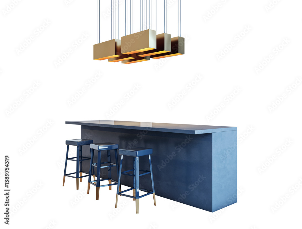 Poster blue kitchen island with matching bar stools and gold pendant lights, isolated on white background. 