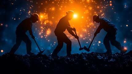 Three silhouetted miners working with tools in a dark environment