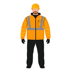 A male construction worker wearing a safety helmet and reflective jacket, ready for a job site. The character stands confidently, showcasing safety gear and professionalism.