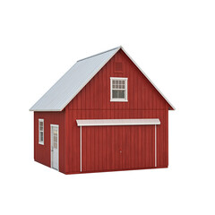 Modern barn style house featuring red siding a pitched metal roof and a loft window Clean and centered 3D render on white background