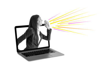Businesswoman shouting from laptop with colorful lines, isolated on white background, concept of online communication and digital promotion