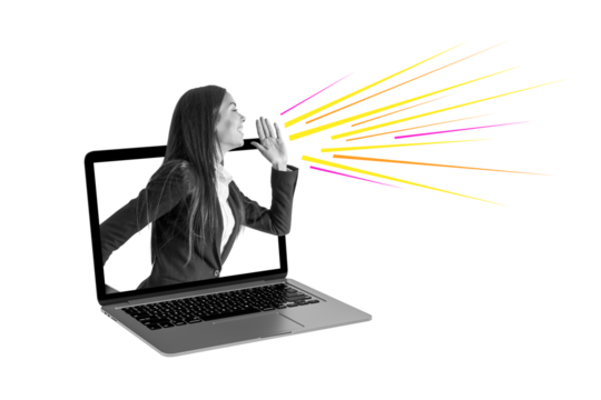 Businesswoman shouting from laptop with colorful lines, isolated on white background, concept of online communication and digital promotion