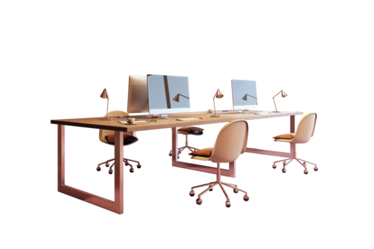 Shared modern desk with chairs, desktop monitors, lamps, and office accessories isolated on a clean white background. Concept of office desktop element. 3D Rendering - Powered by Adobe