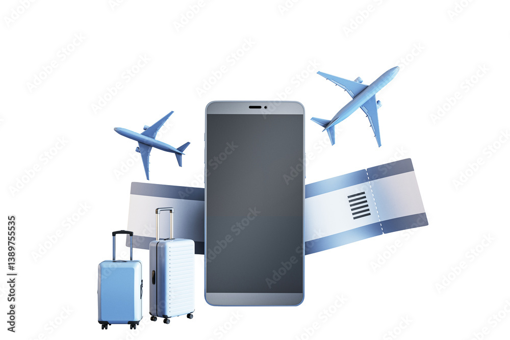Poster smartphone display with airplane tickets, planes, and suitcases in closeup layout, isolated on white