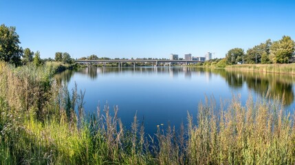 Tranquil scene featuring a calm lake and urban skyline in distance