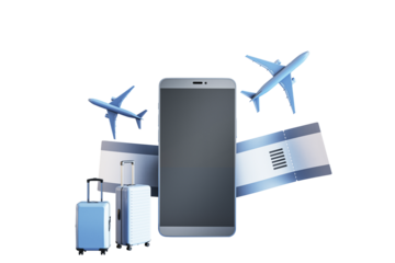 Smartphone display with airplane tickets, planes, and suitcases in closeup layout, isolated on white background. Concept of mobile travel planning. 3D Rendering