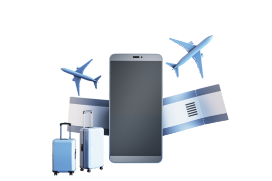 Smartphone display with airplane tickets, planes, and suitcases in closeup layout, isolated on white background. Concept of mobile travel planning. 3D Rendering