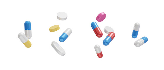 Set of different colorful capsules, pills isolated on transparent background. 3d render. PNG. Tablets, medicine concept. 3D rendering, ui, ux. Pills. Health