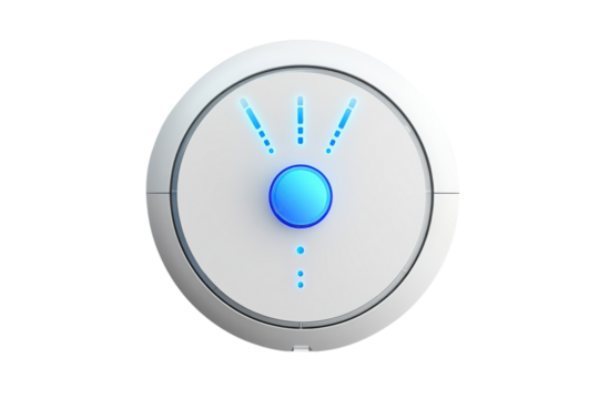 Futuristic tech button interface design glowing blue light sleek white circle modern tech aesthetic
