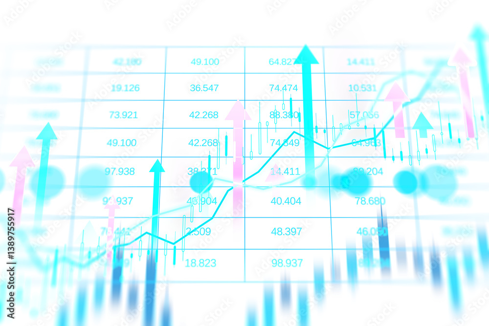 Poster Financial chart with glowing arrows and graph lines over data table, digital style on white background, concept of financial growth and forex. 3D Rendering