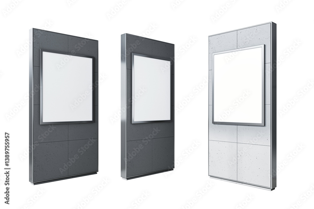 Poster Three freestanding digital display boards with blank screens and concrete textures, isolated on white background. 3D Rendering, presentation concept