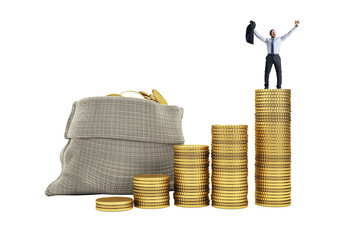 Businessman standing on tall stack of gold coins, celebrating success beside money bag, isolated on...