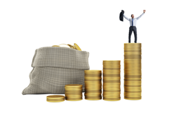 Businessman standing on tall stack of gold coins, celebrating success beside money bag, isolated on white background, concept of investing