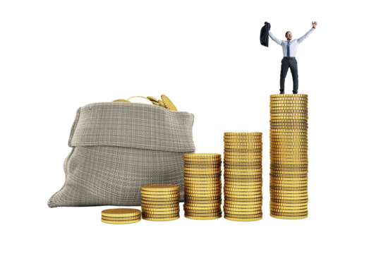 Businessman standing on tall stack of gold coins, celebrating success beside money bag, isolated on white background, concept of investing