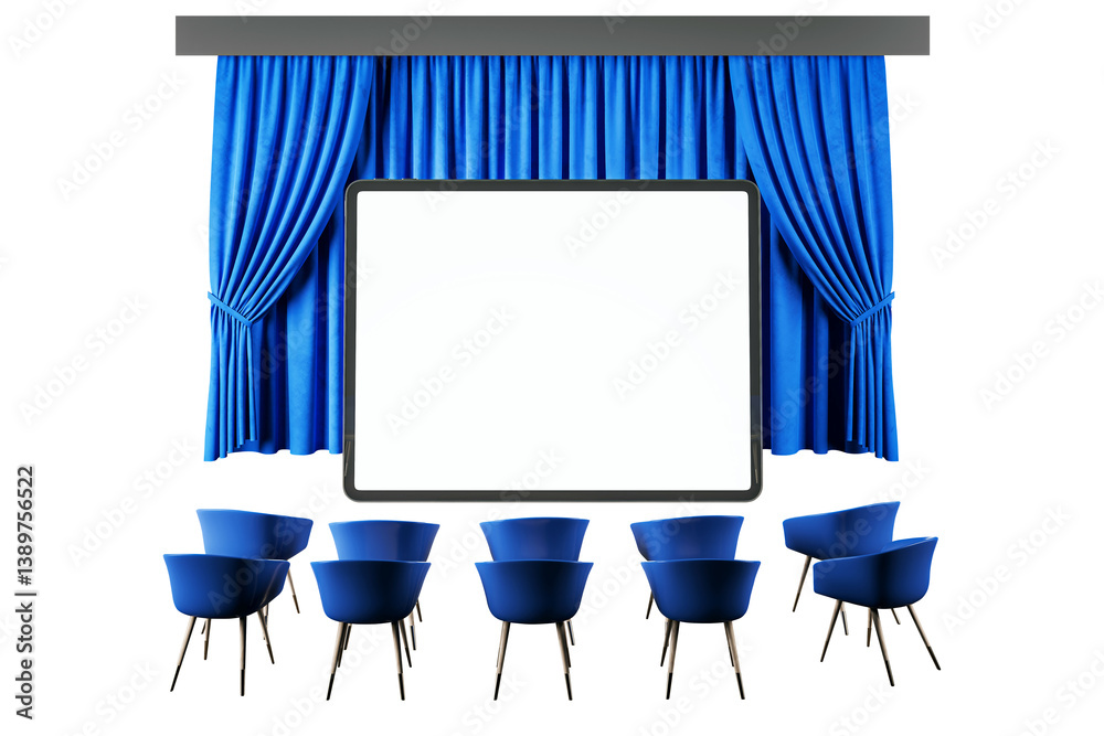 Poster blank digital tablet screen in center stage with blue curtains behind and modern blue chairs in fron