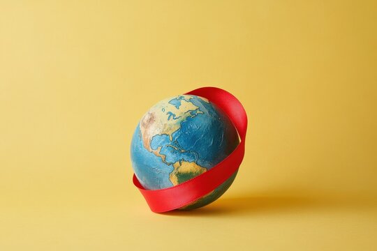 A globe encircled by red ribbon against a yellow background