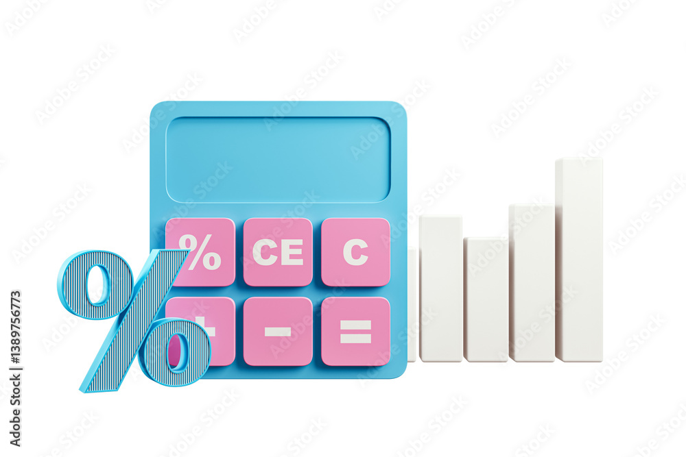 Aufkleber blue and pink calculator with percent sign and white bar graph, isolated on clean white background. 