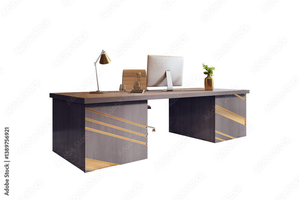 Poster stylish modern executive office desk setup with computer, lamp, and plant on clean white background.