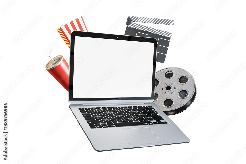 Poster open laptop with blank display surrounded by film reel, clapperboard, popcorn, and soda on isolated 