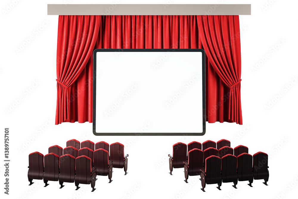 Poster theater screen with red curtains and cinema seats isolated on white background, blank digital displa