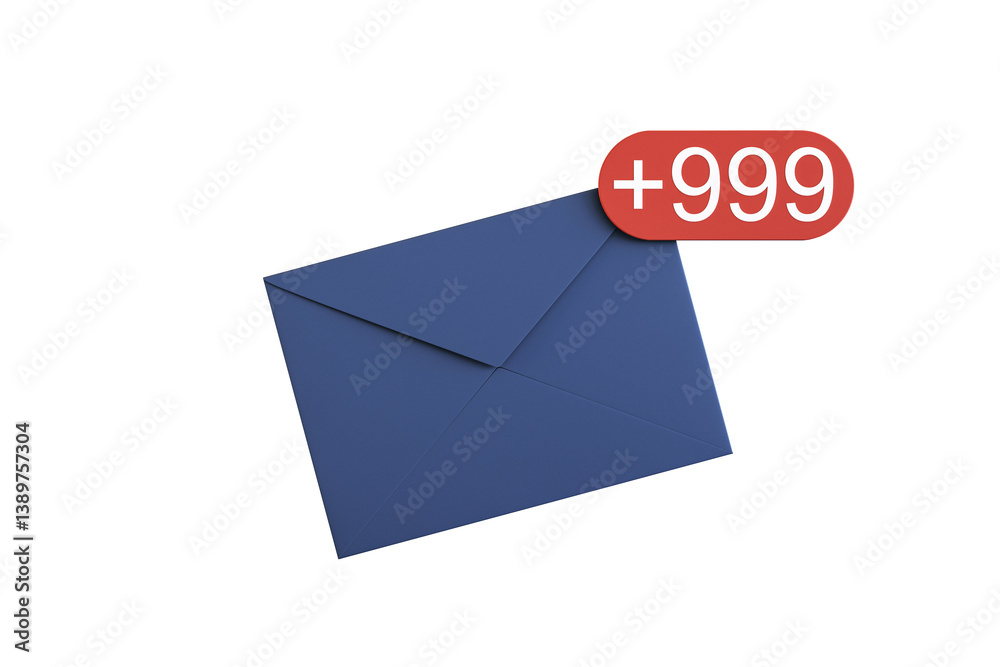 Fototapete Blue envelope icon with large red unread email notification counter, clean isolated layout on white background. Concept of email overload. 3D Rendering