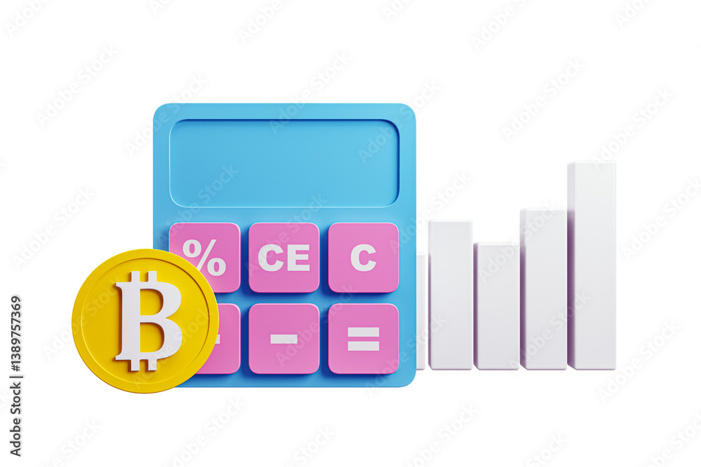 Poster blue and pink calculator with bitcoin coin and white bar chart, 3d rendering, isolated on white back