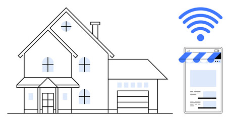 Modern home paired with a sleek smartphone interface, showcasing online storefront capabilities and wireless signal. Ideal for housing, technology, e-commerce, networking, IoT, communication, remote