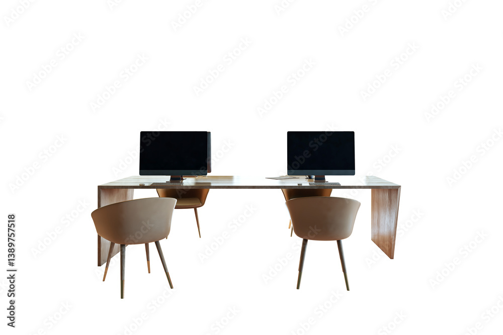 Poster office desk with two monitors and four chairs, modern minimalist style, isolated on white background
