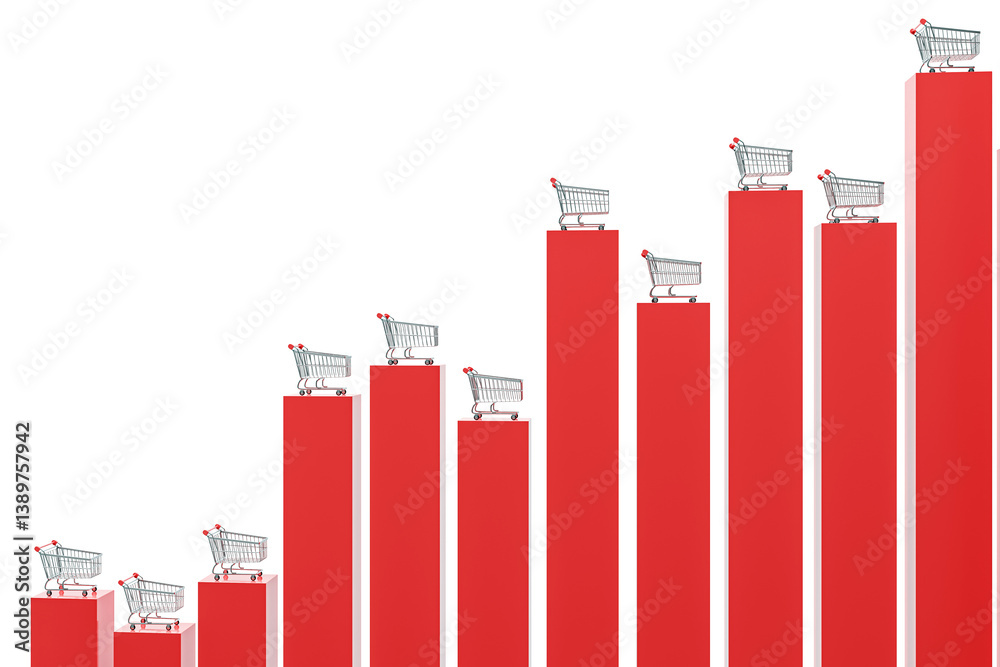 Poster red bar chart columns with shopping carts on top, clean isolated layout on white background. concept