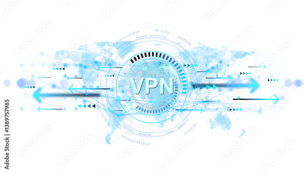 Poster Abstract VPN icon with digital arrows and world map overlay in blue tones, isolated on white background. Concept of internet security. 3D Rendering