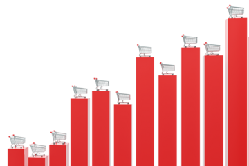 Red bar chart columns with shopping carts on top, clean isolated layout on white background. Concept of business growth and retail trend. 3D Rendering