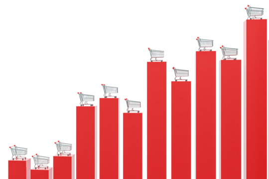 Red bar chart columns with shopping carts on top, clean isolated layout on white background. Concept of business growth and retail trend. 3D Rendering