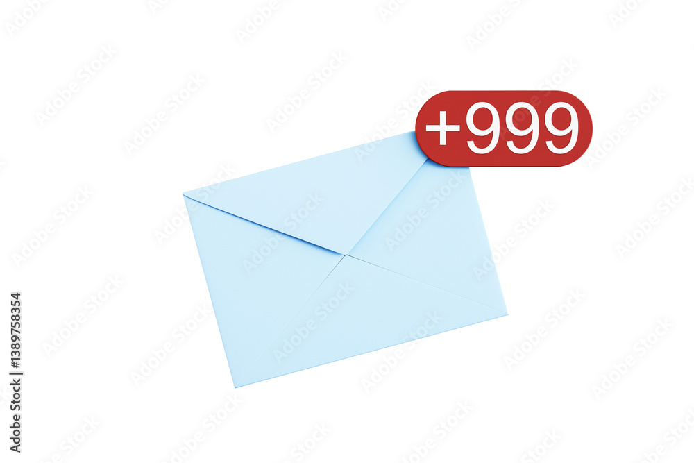 Fototapete Light blue envelope with red unread message counter symbol on white background, 3D Rendering, concept of email overload and communication alert