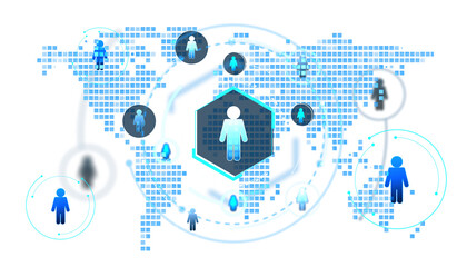 Obraz premium Abstract digital layout of human icons connected across a pixelated global map, light futuristic design on white background, concept of global network. 3D Rendering