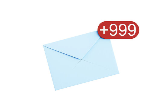 Light blue envelope with red unread message counter symbol on white background, 3D Rendering, concept of email overload and communication alert