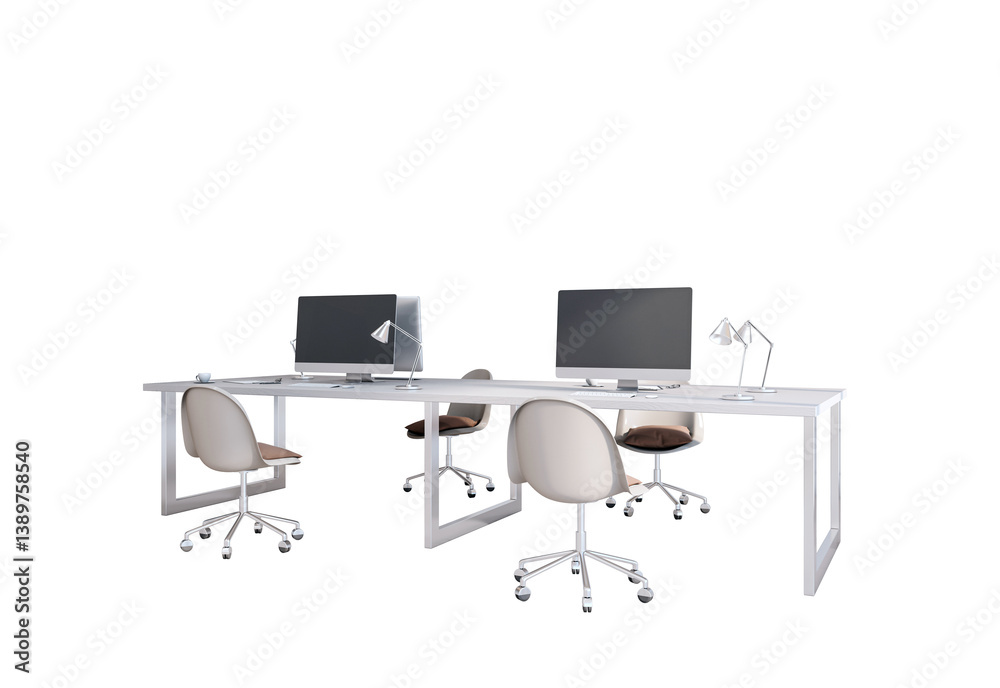 Poster contemporary office desk with four chairs, desktop computers, and lamps arranged in a clean, isolate