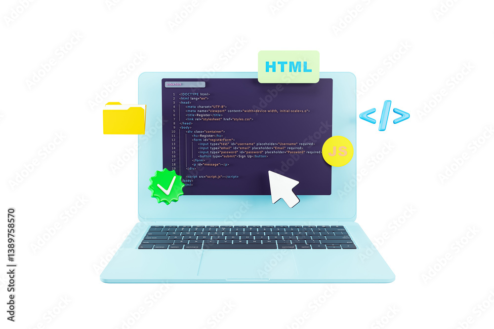 Poster Laptop with HTML and JavaScript code on screen, surrounded by coding icons, isolated on white background. Concept of online programming education. 3D Rendering