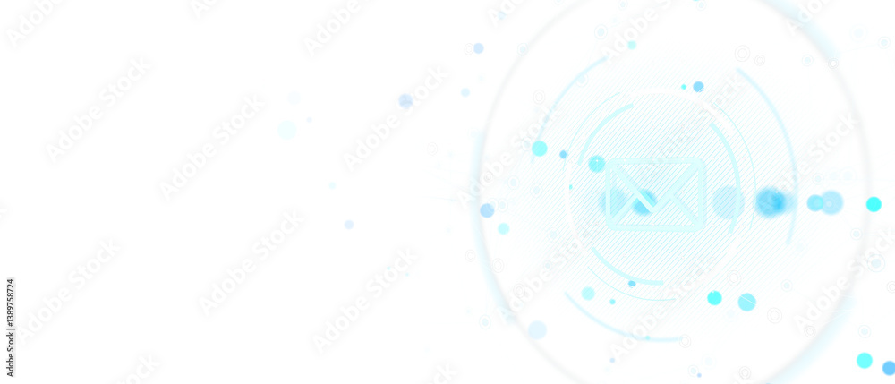 Poster abstract email envelope symbol in digital circle interface, light blue graphic style, on clean white