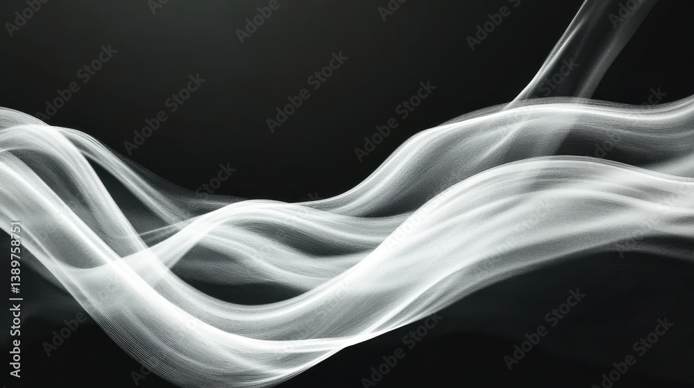 Poster flowing white waves on a dark background create an abstract pattern in motion