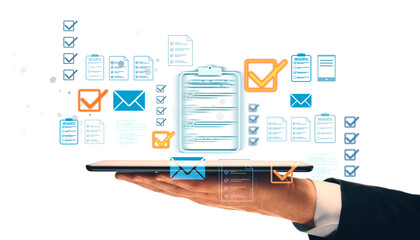 Businessperson holding tablet with digital checklist icons and email symbols, light graphic style, on clean white background, concept of mobile technology