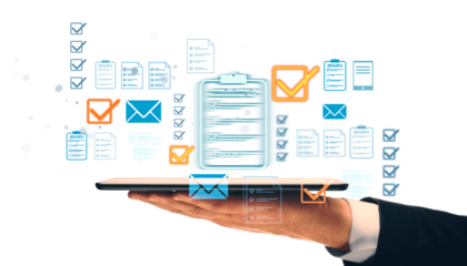 Businessperson holding tablet with digital checklist icons and email symbols, light graphic style, on clean white background, concept of mobile technology