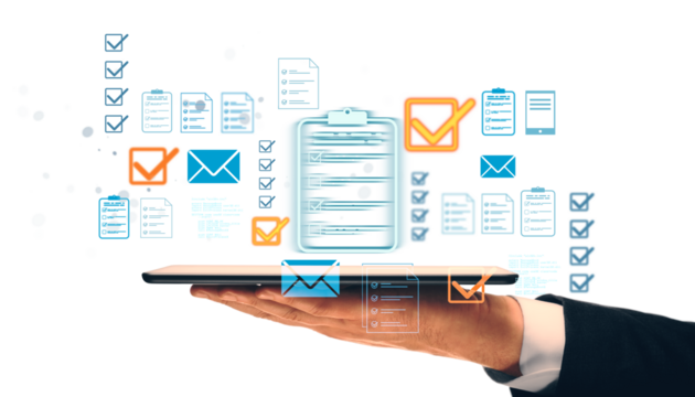 Businessperson holding tablet with digital checklist icons and email symbols, light graphic style, on clean white background, concept of mobile technology
