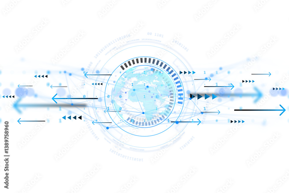 Fototapete Futuristic circular digital interface with blue arrows and world map in center, isolated on white background. Concept of global data flow. 3D Rendering